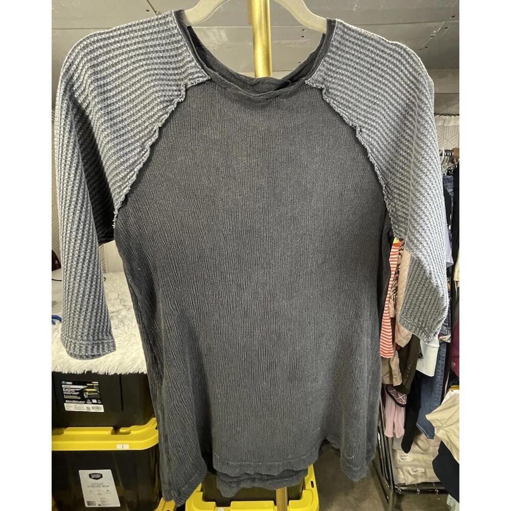 Soft Surroundings Waffle Knit Dolman Sleeve Top Size M Mixed Media Black Gray